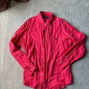 Ralph Lauren Men's Bright Red Linen Button-Down Shirt